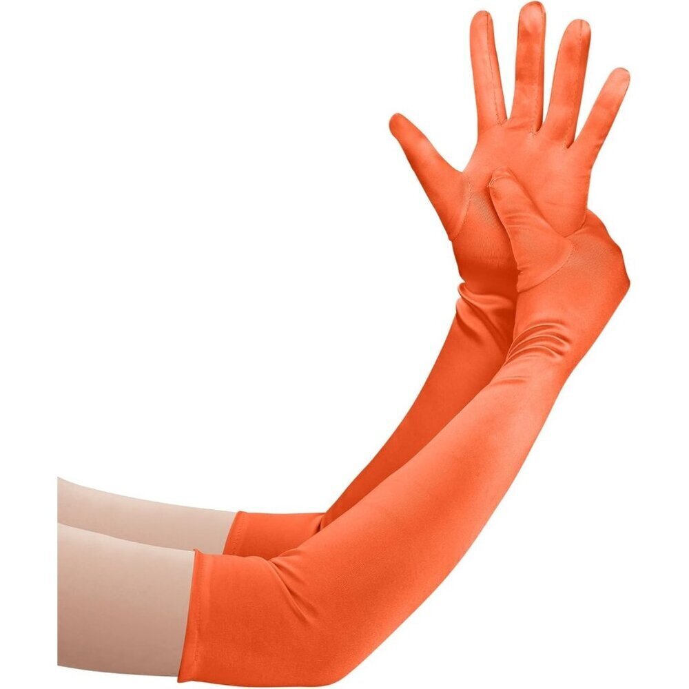 Women's Orange Long Satin Opera Fabric Gloves Party Tea Stretchy Elbow Length